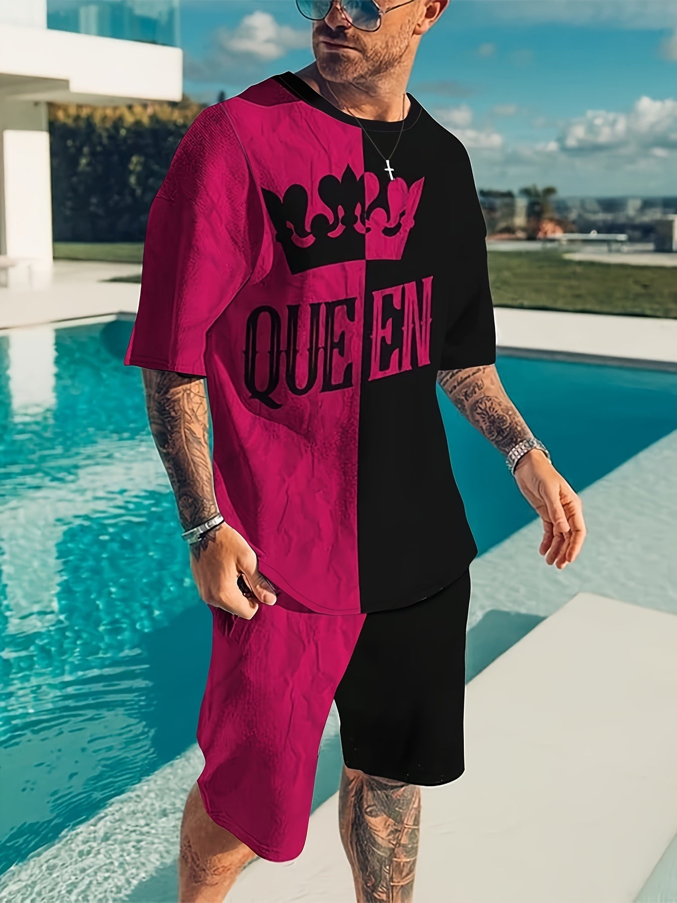 Crown QUEEN Pattern Men's 2 Piece Outfits T-shirt and Shorts Set