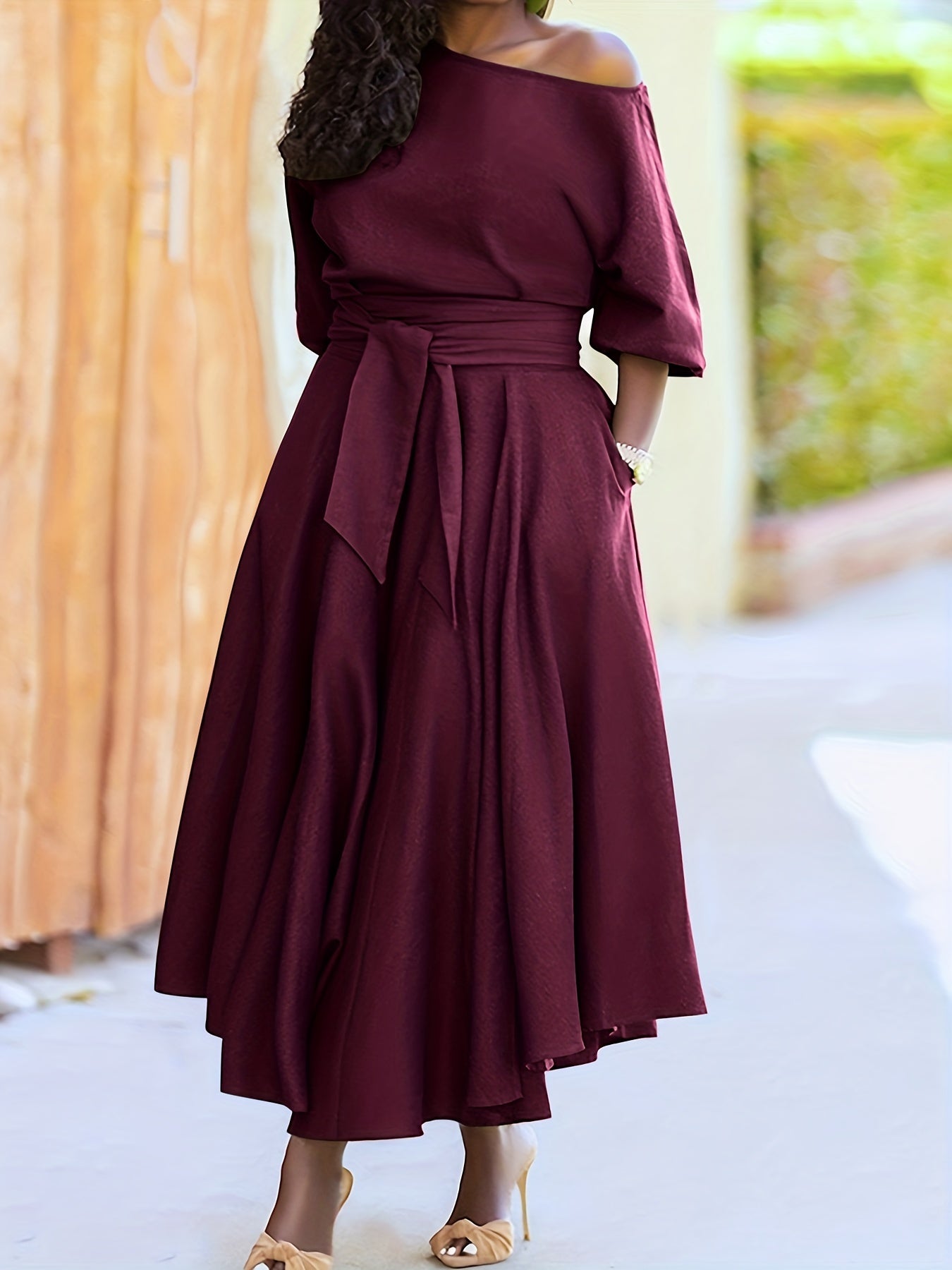 Solid Bubble Sleeve Maxi Dress With Belt
