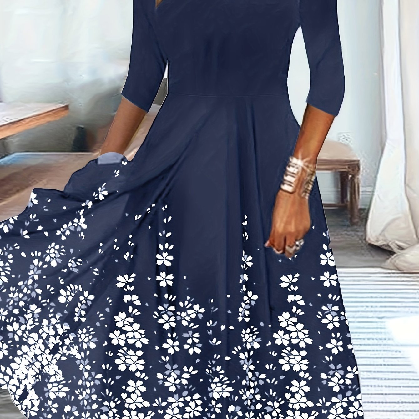 Floral Print V Neck Midi Dress Women's Clothing