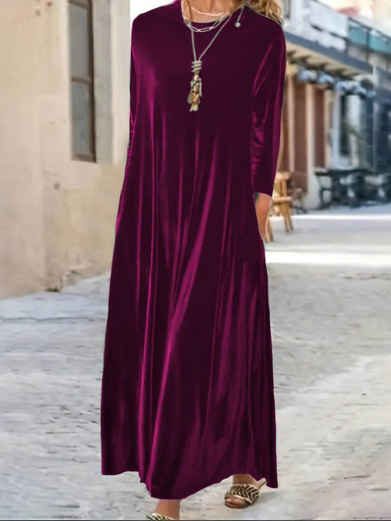 Solid Velvet Long Sleeve Maxi Dress With Pockets