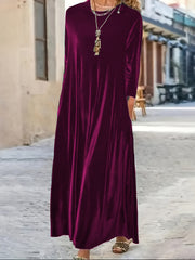 Solid Velvet Long Sleeve Maxi Dress With Pockets