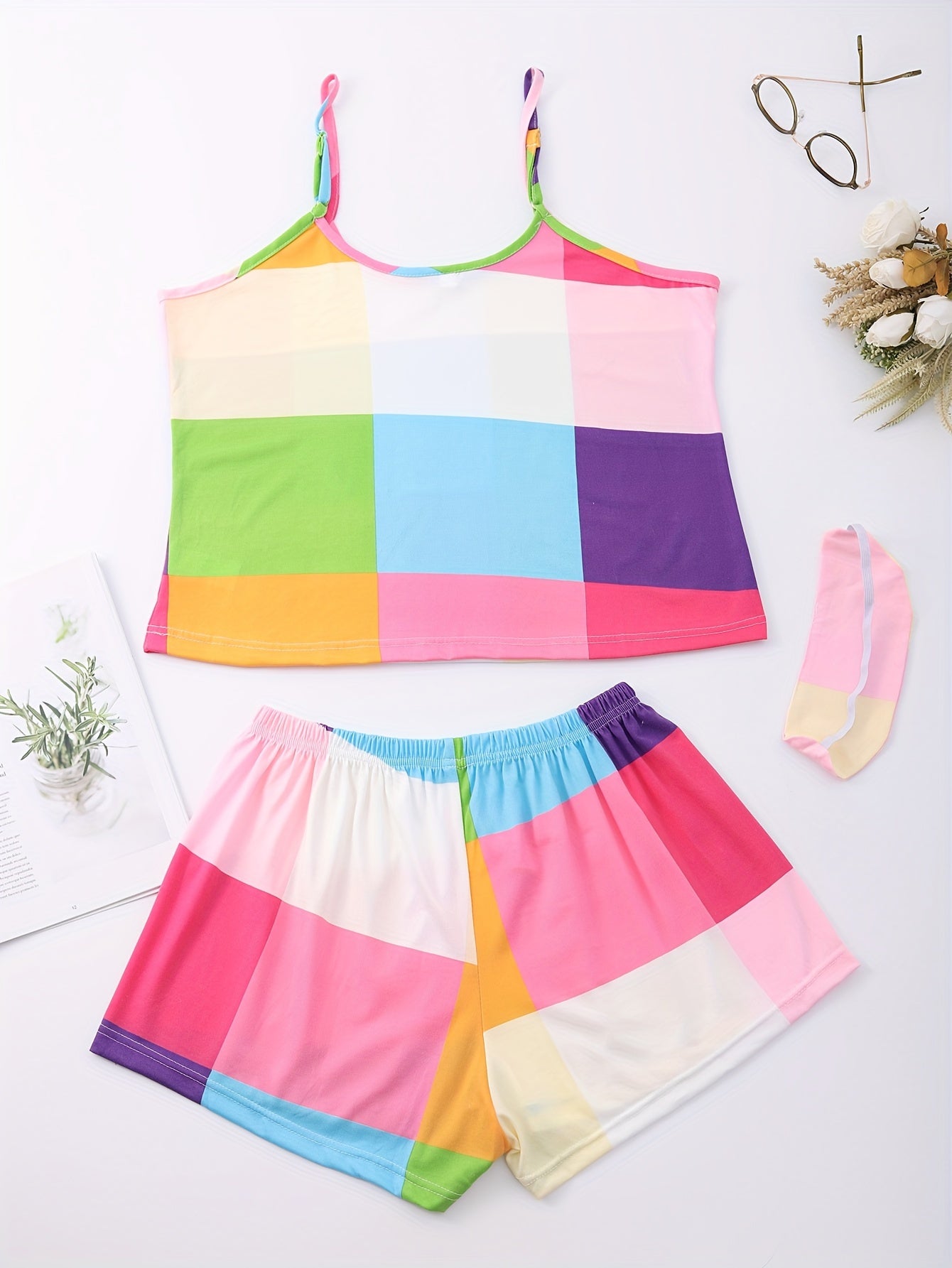 Plaid Pajama Set Sleeveless Cami Top & Shorts Women's Sleepwear