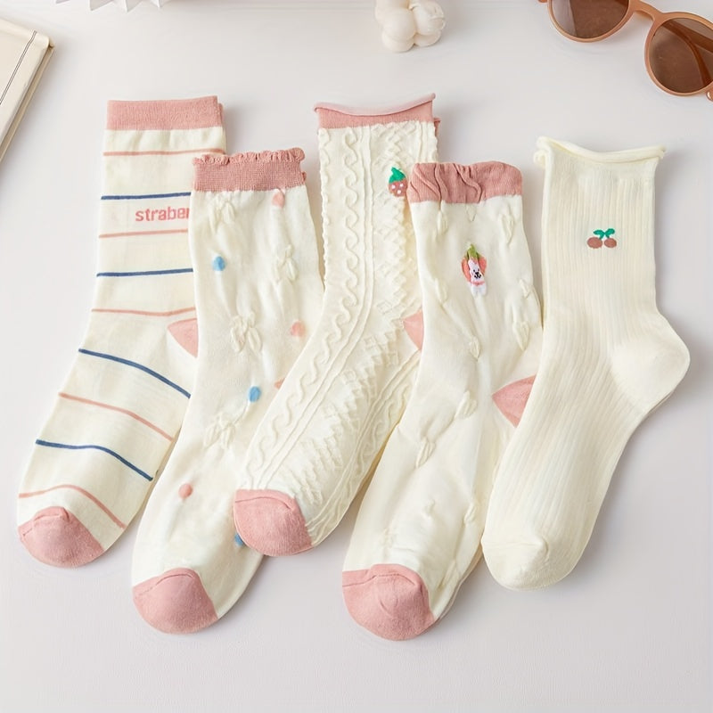 5 Pairs Fruit Print Socks Mid Tube Women's Stockings & Hosiery