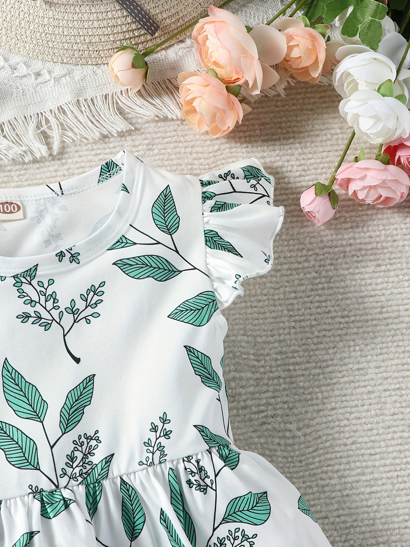 2pcs Toddler Girls Ruffle Trim Leaf Graphic Dress for Party Beach Vacation