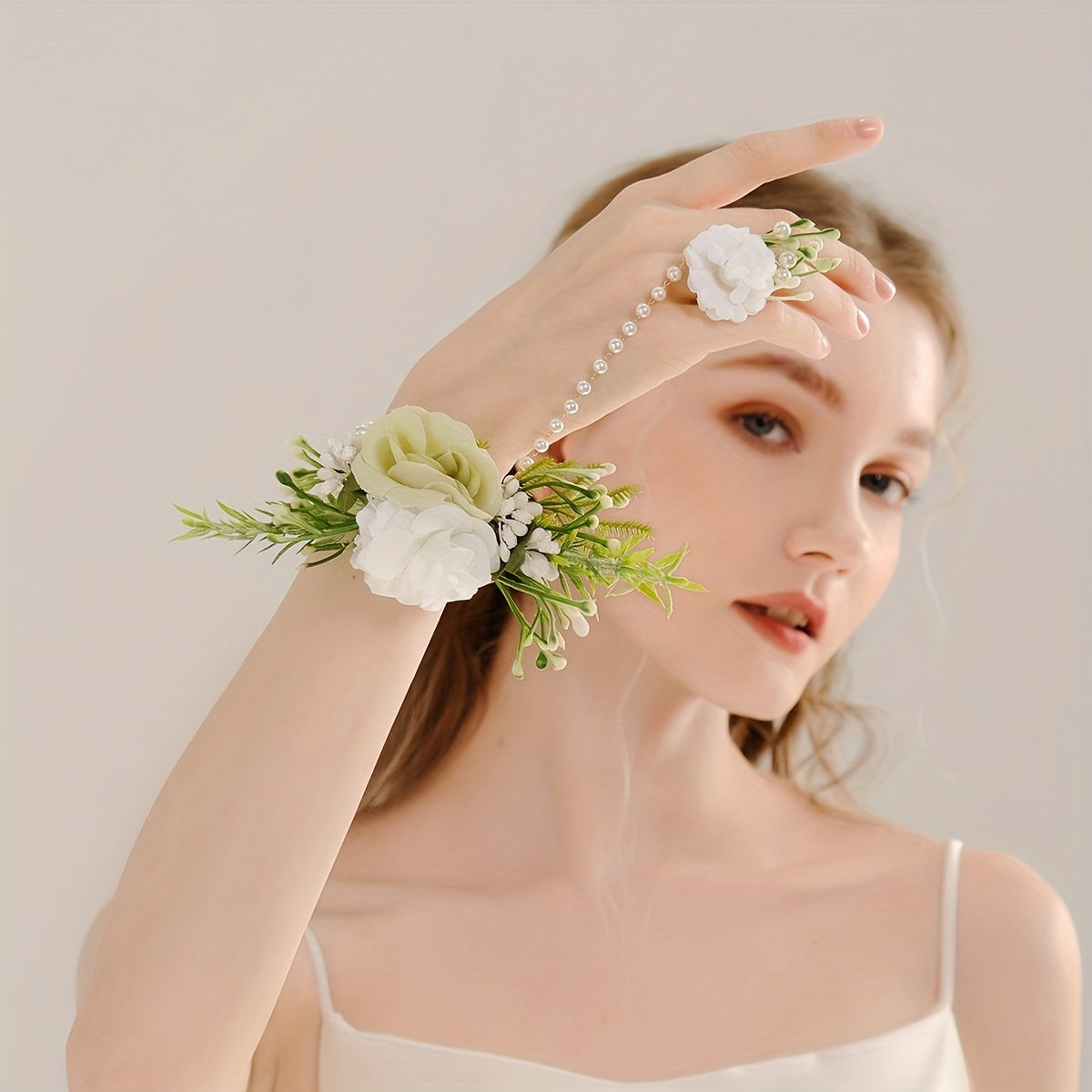 Rose Girls Bridesmaid Wrist Flowers Faux Pearl Bracelet Wedding