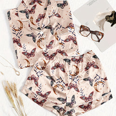 Butterfly Print Pajama Set Short Sleeve Button Up Shirt & Shorts