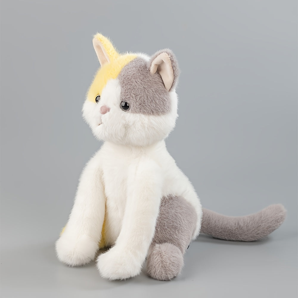 Fluffy Grey and Yellow Plush Cat Toy with Expressive Eyes