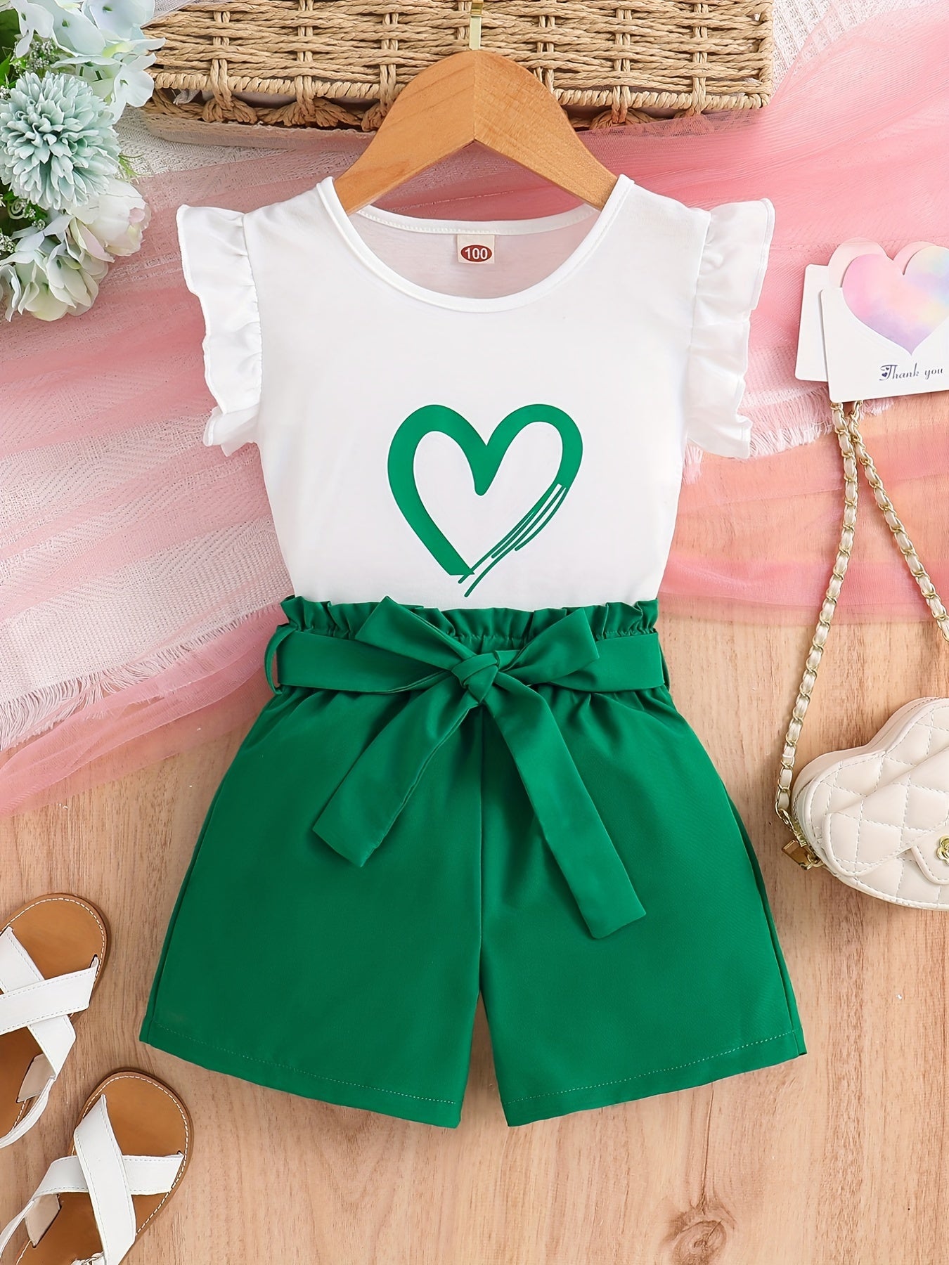 Girls Heart Print Sleeveless Top & Bow Shorts Set for Summer