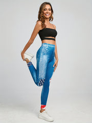 Flag & Denim Print Leggings Casual Skinny Leggings Women's Clothing