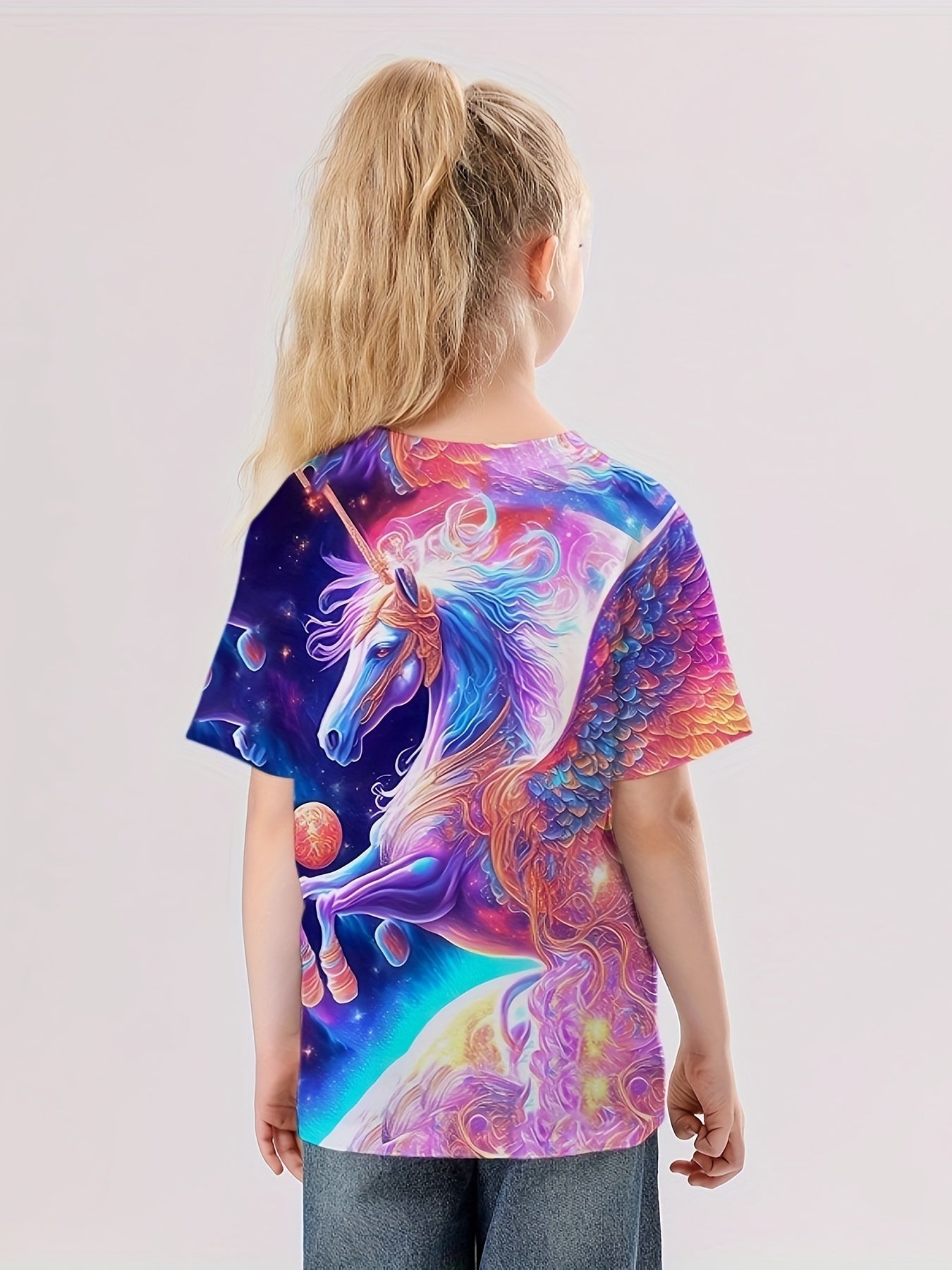 3D Tie Dye Unicorn Graphic T-shirt Girls Casual Short Sleeve Tee
