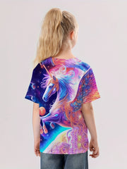 3D Tie Dye Unicorn Graphic T-shirt Girls Casual Short Sleeve Tee