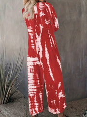 Tie Dye Long Sleeve Round Neck Wide Leg Jumpsuit With Pockets