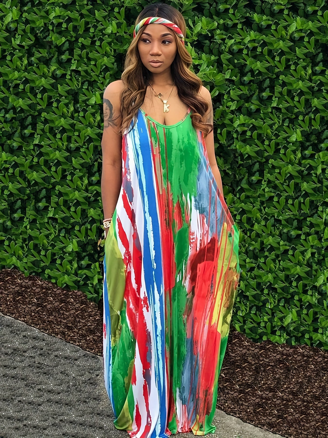 Boho Dress Women's Colorful Round Neck Cami Summer Dress