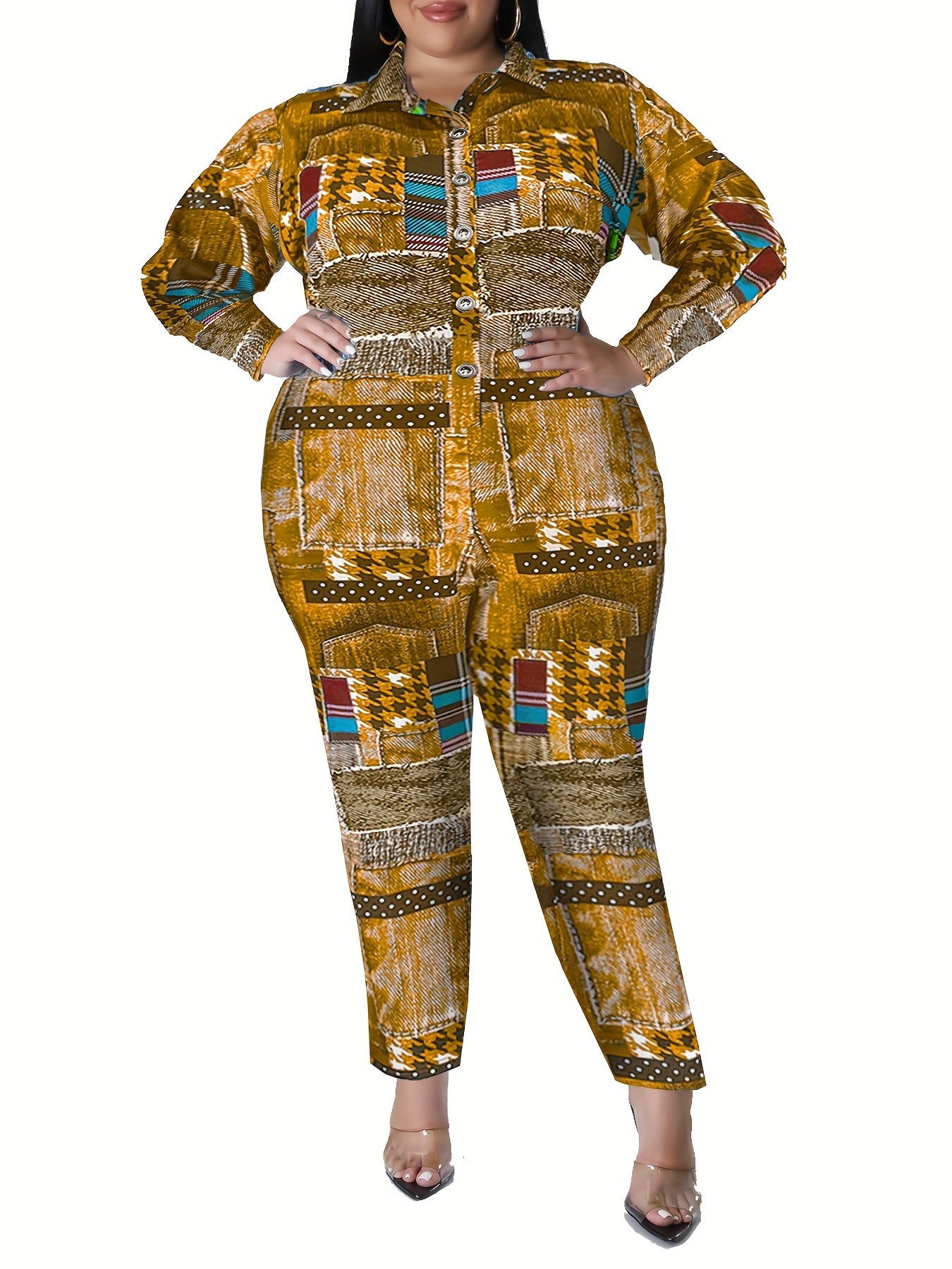 Sexy Jumpsuit Women's Plus Patchwork Print Button Up Long Sleeve
