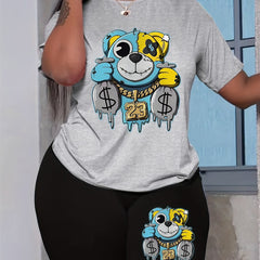 Bear Print Matching Two piece Set Casual Short Sleeve T shirt & Skinny Shorts