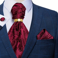 Mens Silk Cravat Set Paisley Ascot Pocket Square Cufflinks