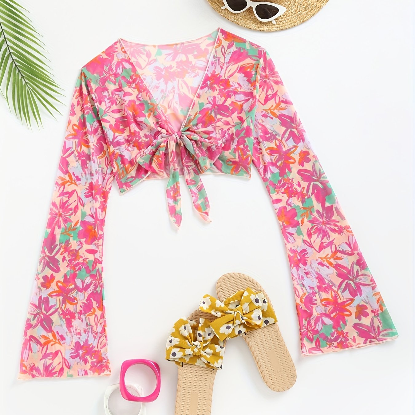 Floral Print Bell Sleeve Cover Up V Neck Stretchy Crop Beach Sun Protection