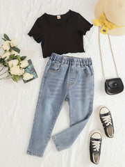 Girls Pit Strip Short Sleeve T shirt & Elastic Waist Jeans Set