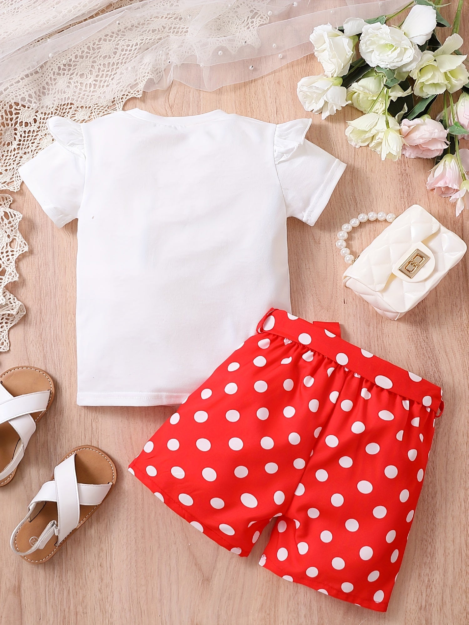 2pcs Toddler Girls Bow Figure Ruffle Trim T Shirt & Polka Dot Belted Shorts Set