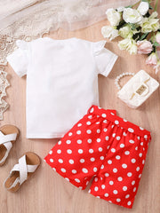 2pcs Toddler Girls Bow Figure Ruffle Trim T Shirt & Polka Dot Belted Shorts Set