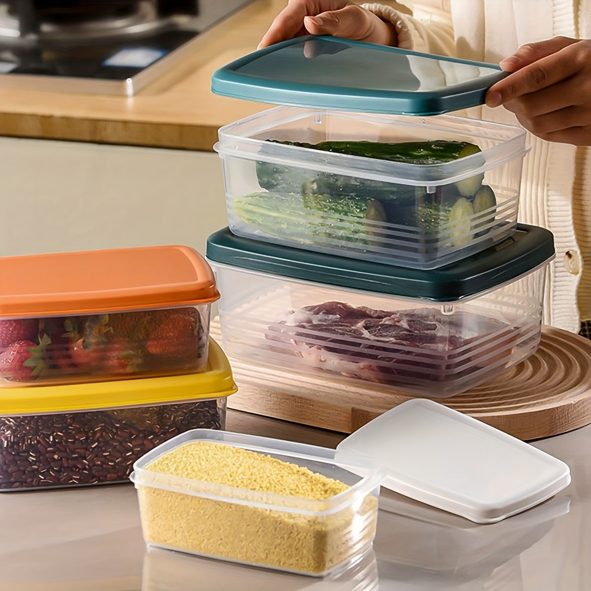 5pcs Stackable Food Containers With Lid - Transparent Plastic Pantry Storage