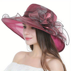 Wide Brim Church Derby Hat Mesh Flower Decor Organza Sun Hat