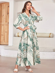 Marble Print Surplice Neck Dress 3/4 Sleeve Midi Dress