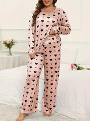 Heart & Polka Dot Print Long Sleeve Pajamas Set