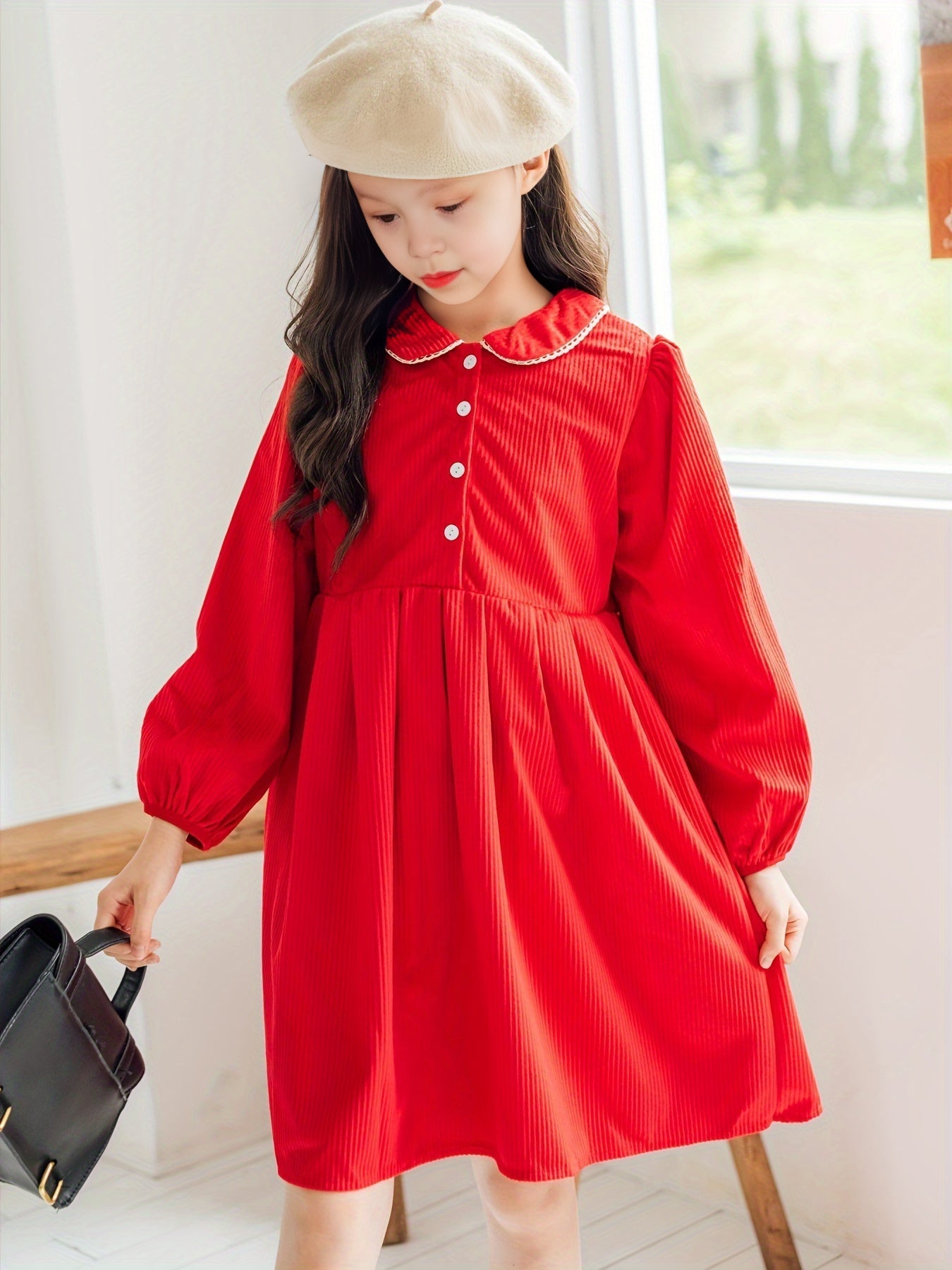Cotton Girls Vintage Collar Long Sleeve Dress Kids Clothes