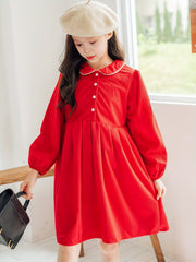 Cotton Girls Vintage Collar Long Sleeve Dress Kids Clothes