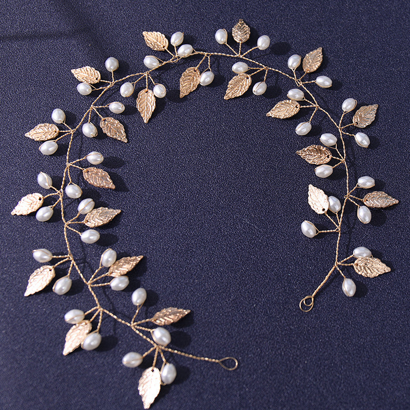 Faux Pearl Hairband Golden Leaf Headband Wedding Hair Jewelry