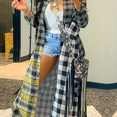 Plaid Print Button Up Long Sleeve Maxi Shirt Coat
