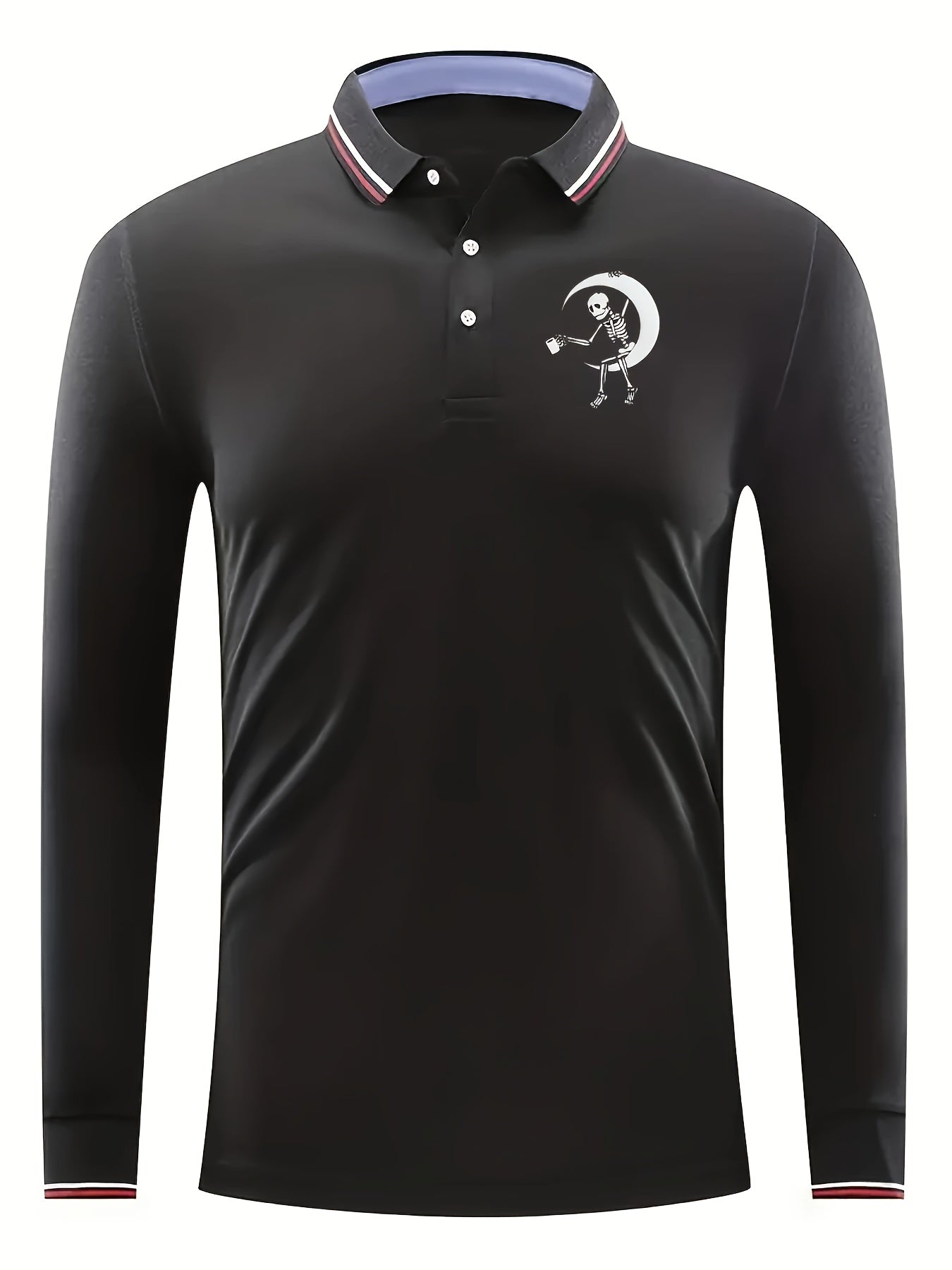 Skeleton On The Moon Pattern Men's Long Sleeve Polo Shirt