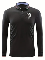 Skeleton On The Moon Pattern Men's Long Sleeve Polo Shirt