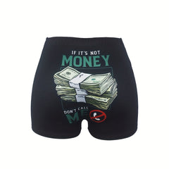 Money & Letter Print Skinny Shorts for Spring & Summer