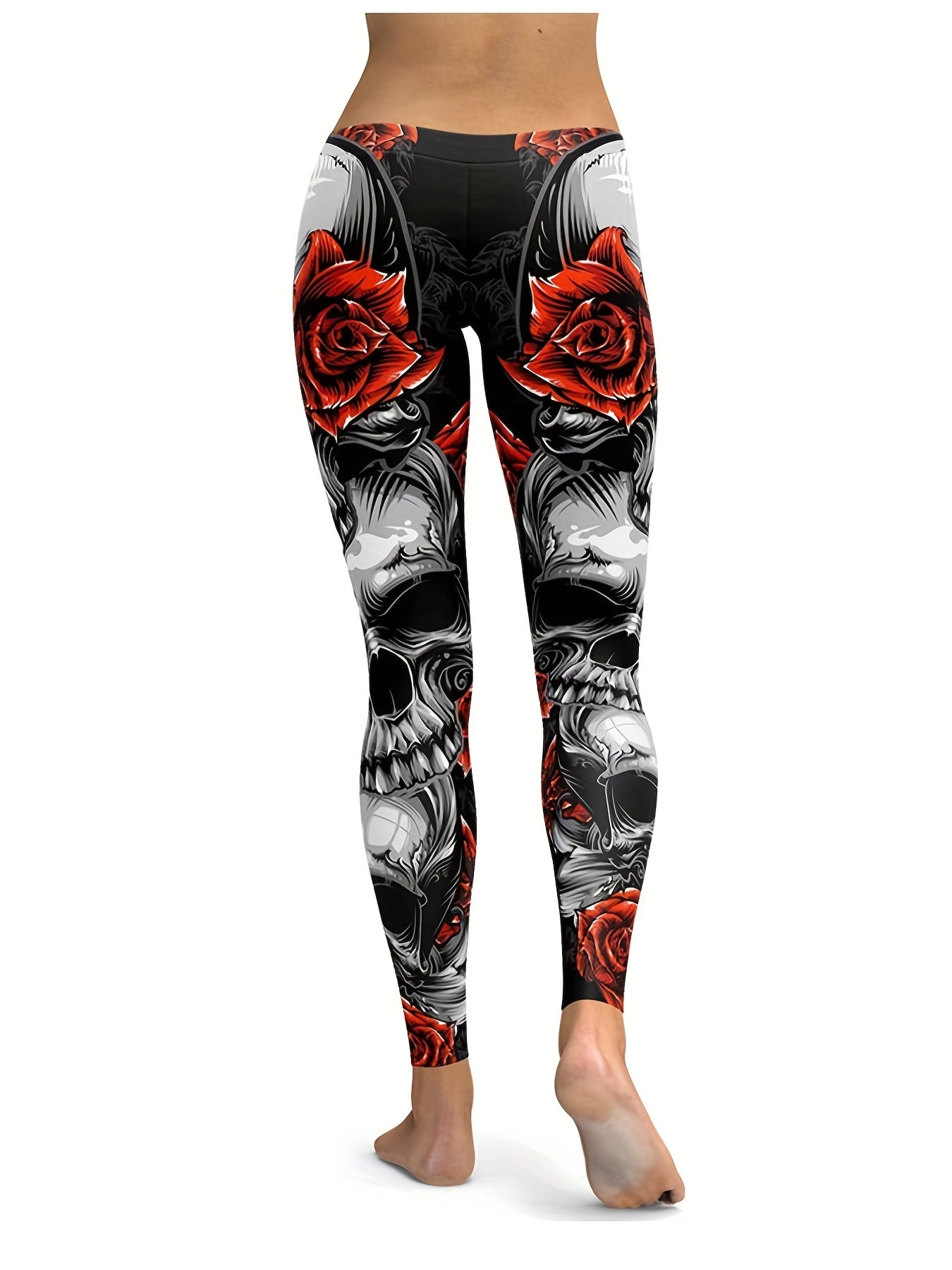 Floral & Skull Print Skinny Leggings Women's Clothing