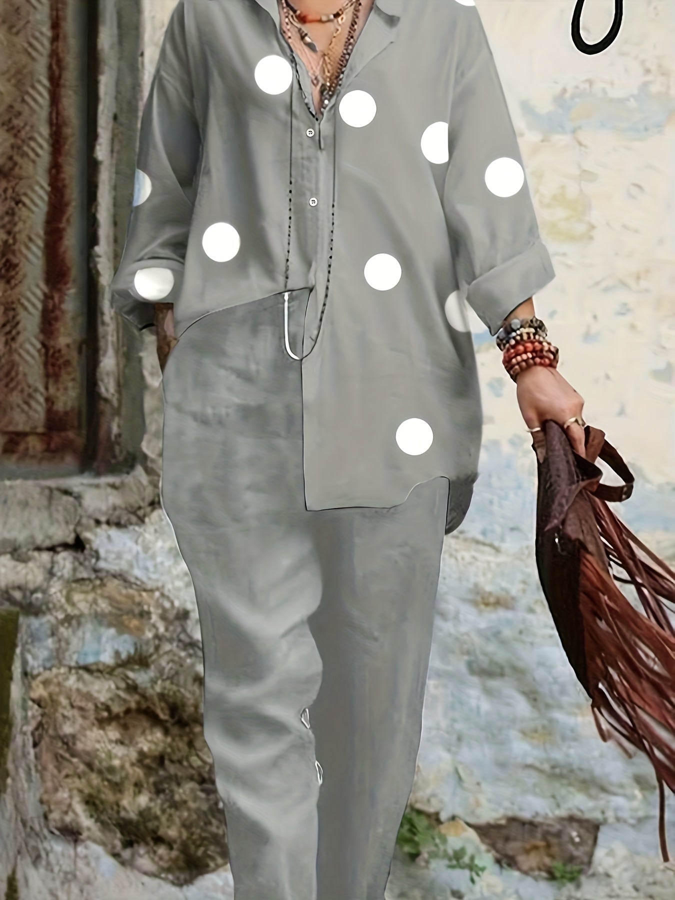 Women's Plus Dot Print Shirt & Roll Up Pants Set