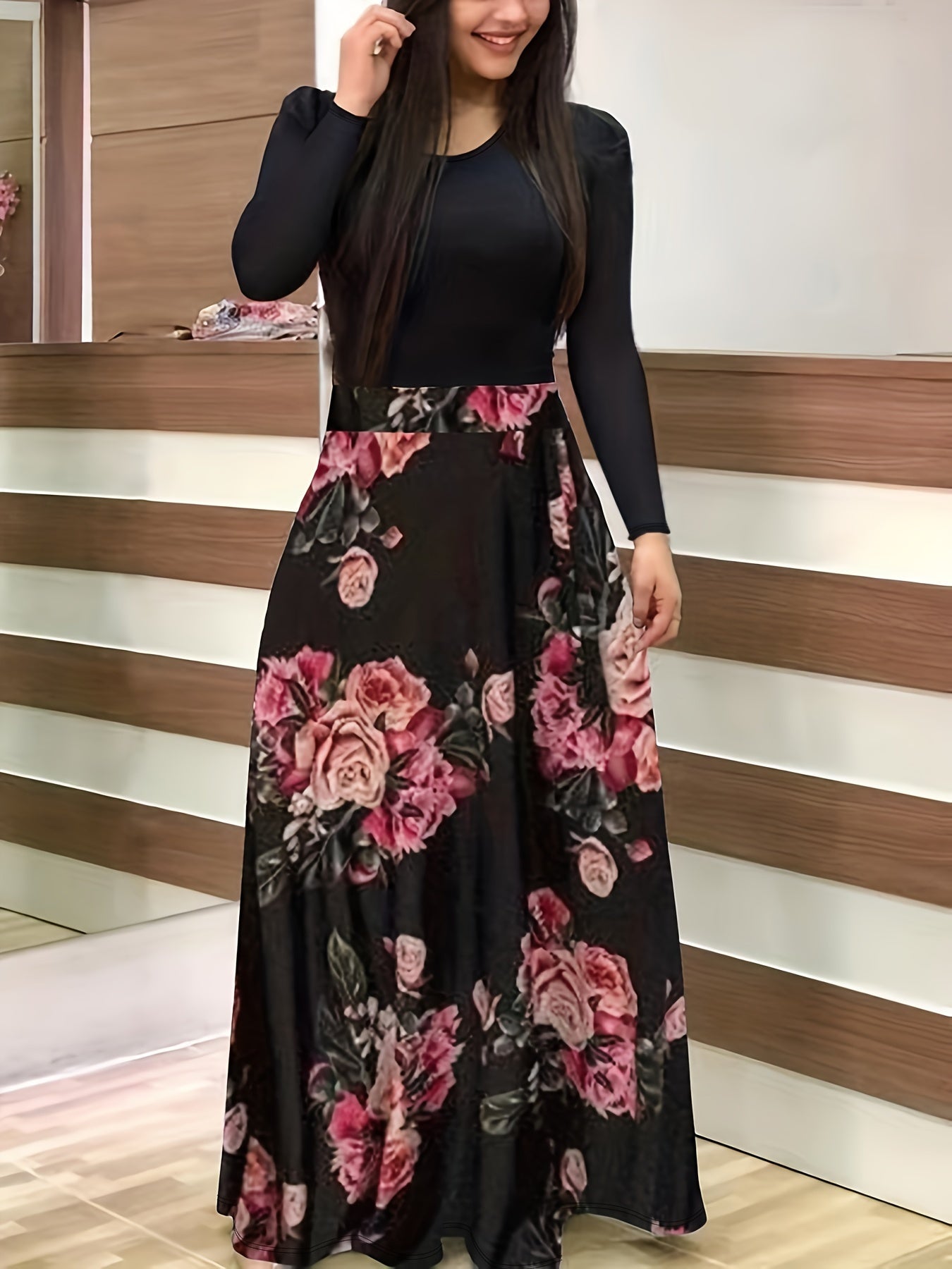 Floral Print Round Neck Long Sleeve Maxi Dress