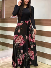 Floral Print Round Neck Long Sleeve Maxi Dress