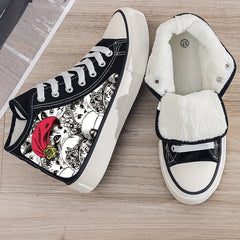Cat Print Plush Lined Chunky Canvas Sneakers