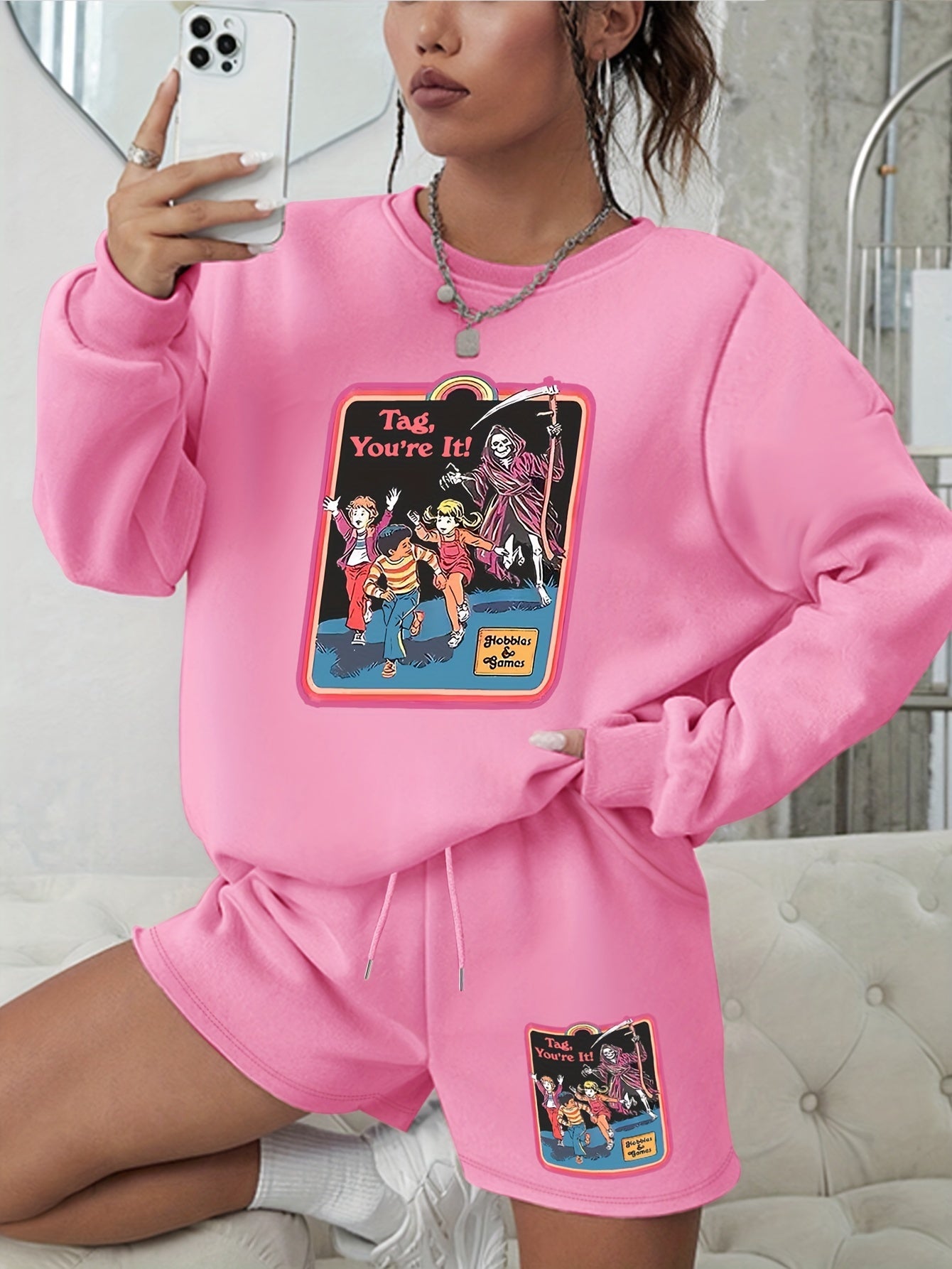 Halloween 2pcs Set Women's Plus Graphic Print Sweatshirt & Shorts