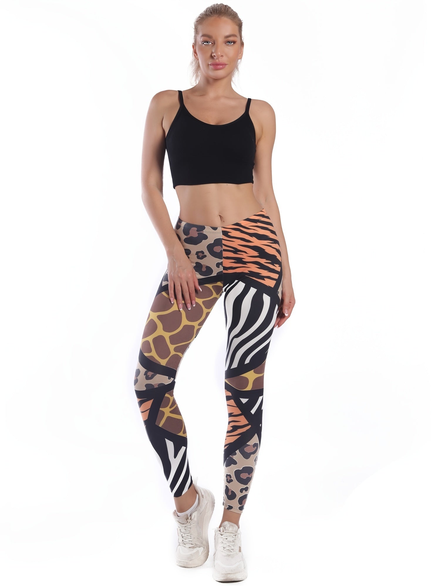 Leopard & Striped Print High Waist Leggings Stylish Skinny Stretchy Leggings