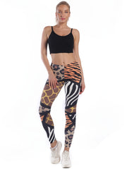Leopard & Striped Print High Waist Leggings Stylish Skinny Stretchy Leggings