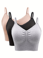 Casual Bra Set Women's Solid Ruched Bralette Three Piece Set