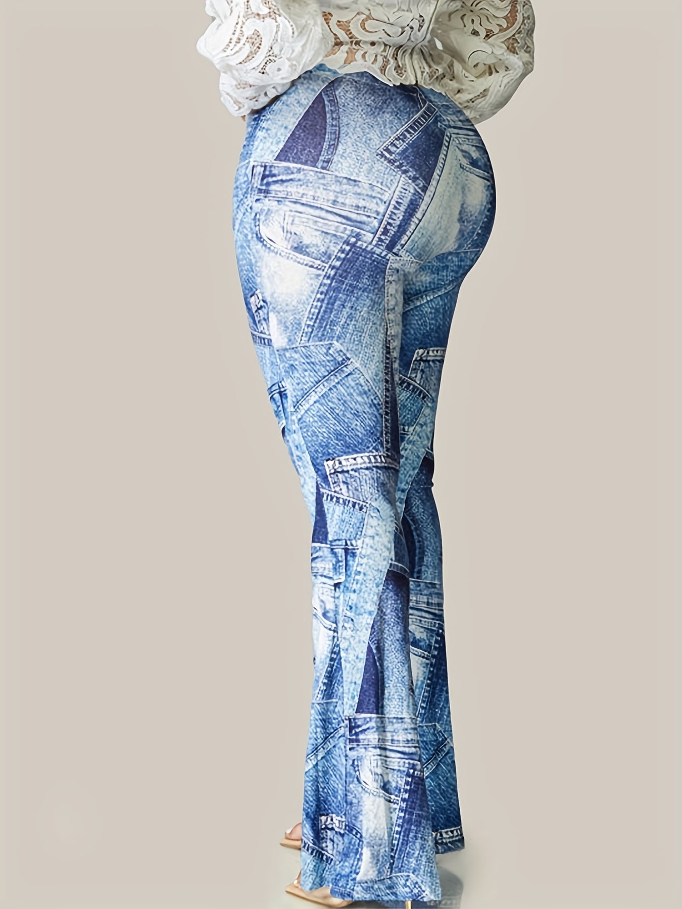 Women's Denim Print Flared Leg Pants