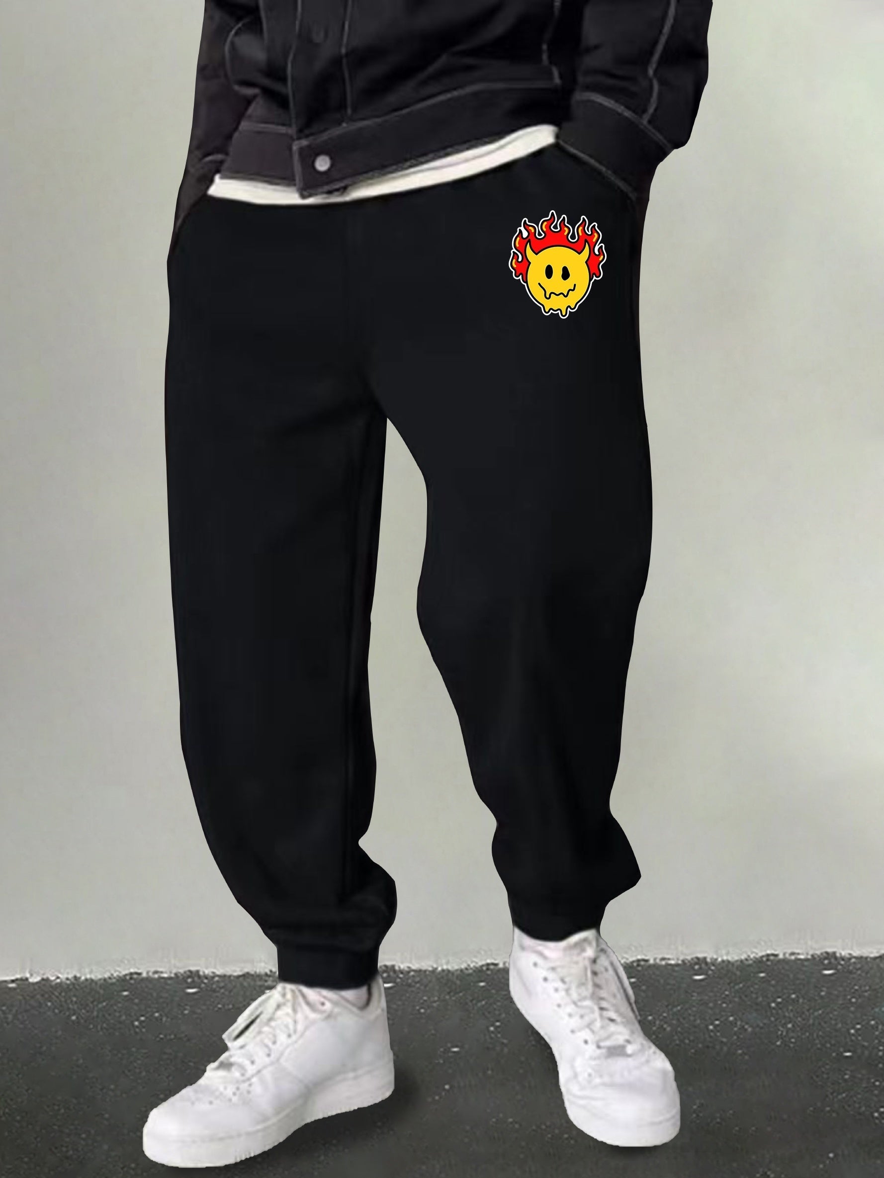 Men's Flame & Happy Face Graphic Sweatpants Casual Drawstring Loose Joggers