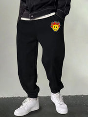 Men's Flame & Happy Face Graphic Sweatpants Casual Drawstring Loose Joggers