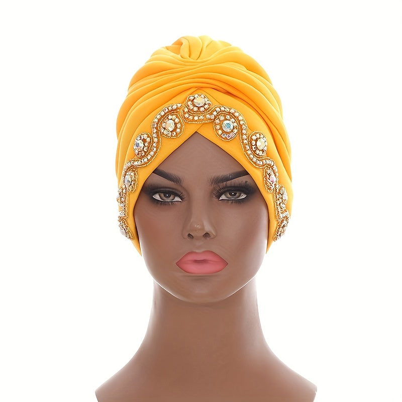 Yellow Rhinestone Decor Headwrap Pleated Turban Cap Bonnet Women Elastic