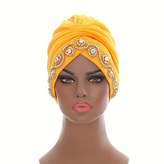 Yellow Rhinestone Decor Headwrap Pleated Turban Cap Bonnet Women Elastic