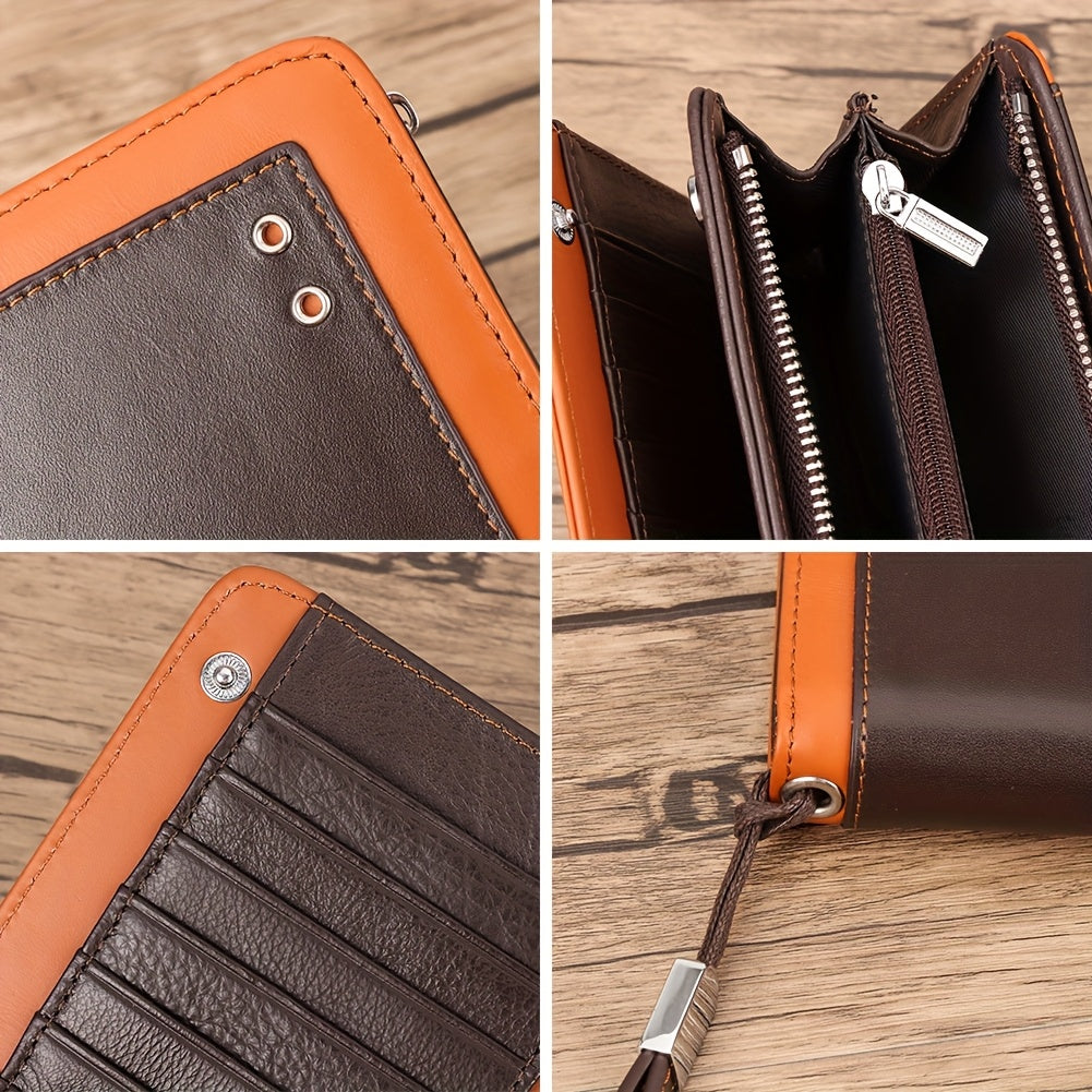 HUMERPAUL Large Capacity RFID Blocking Leather Wallet Brown Orange Accents